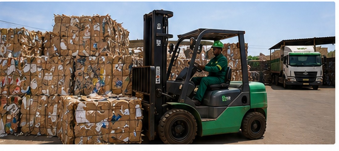 Recycling yard with baled cardboard and forklift